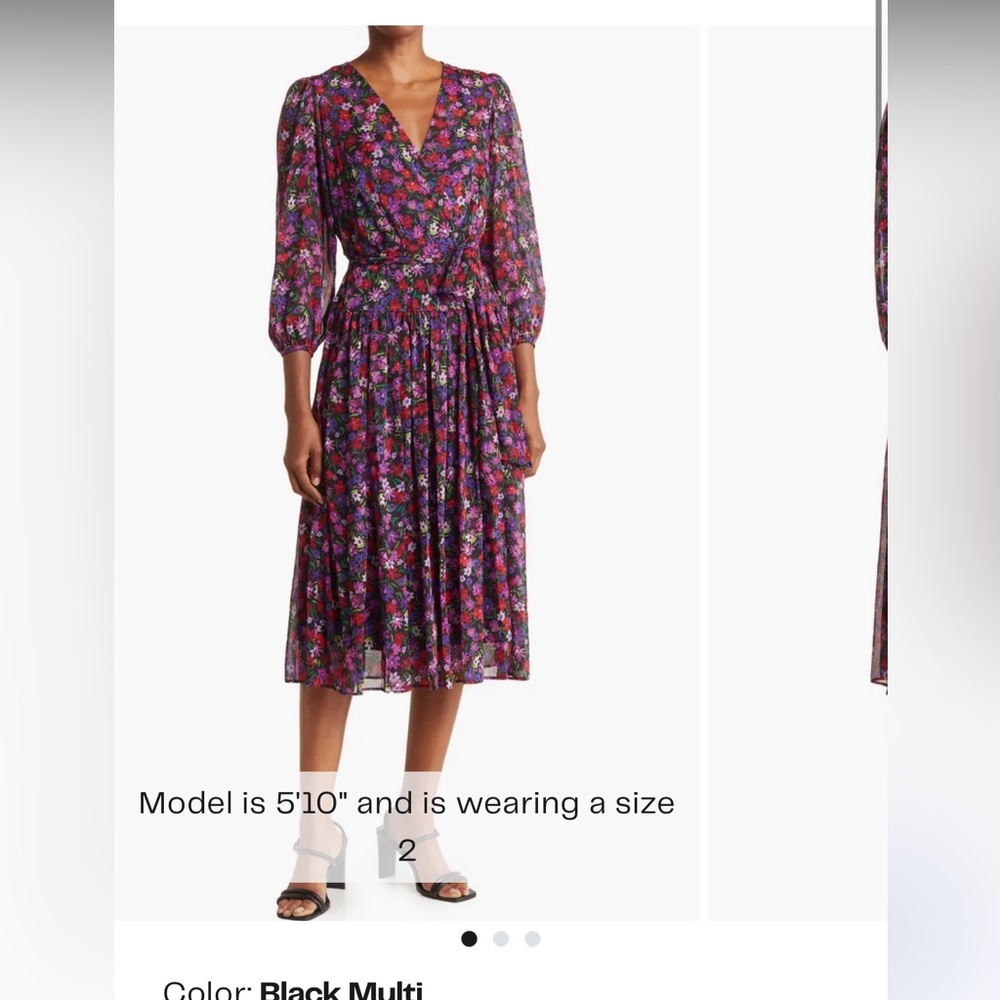 CALVIN KLEIN Surplice Neck 3/4 Sleeve Green Dark Floral Lightweigh Midi Dress 10